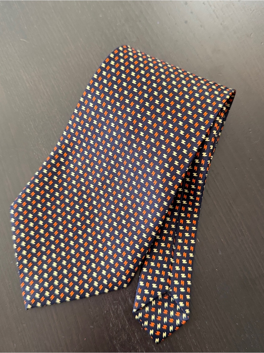 Rene Chagal Vintage Handmade Silk Men's Navy Tie Orange and Cream Micro Pattern